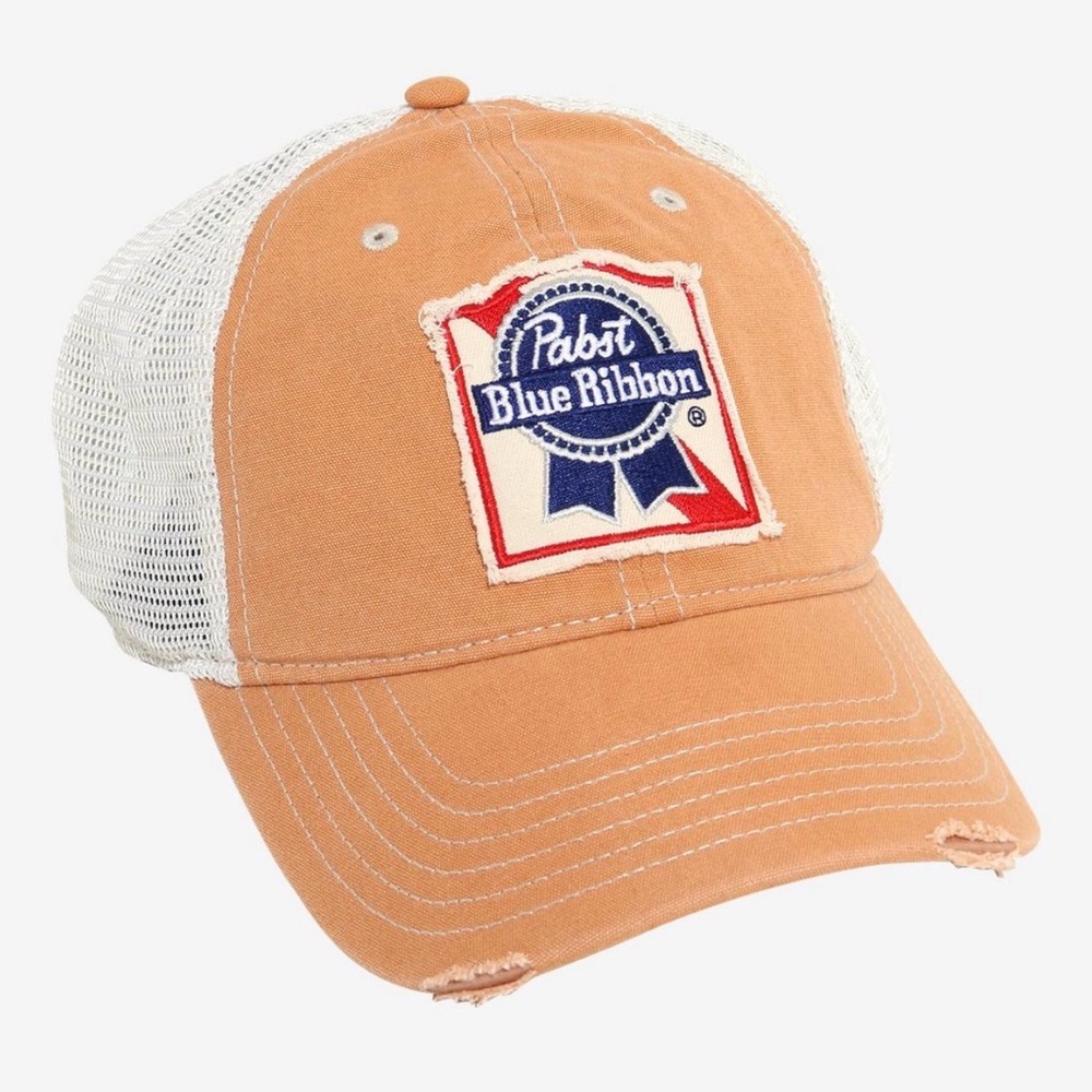 Pabst Blue Ribbon Tan Distressed Trucker Style Hat
